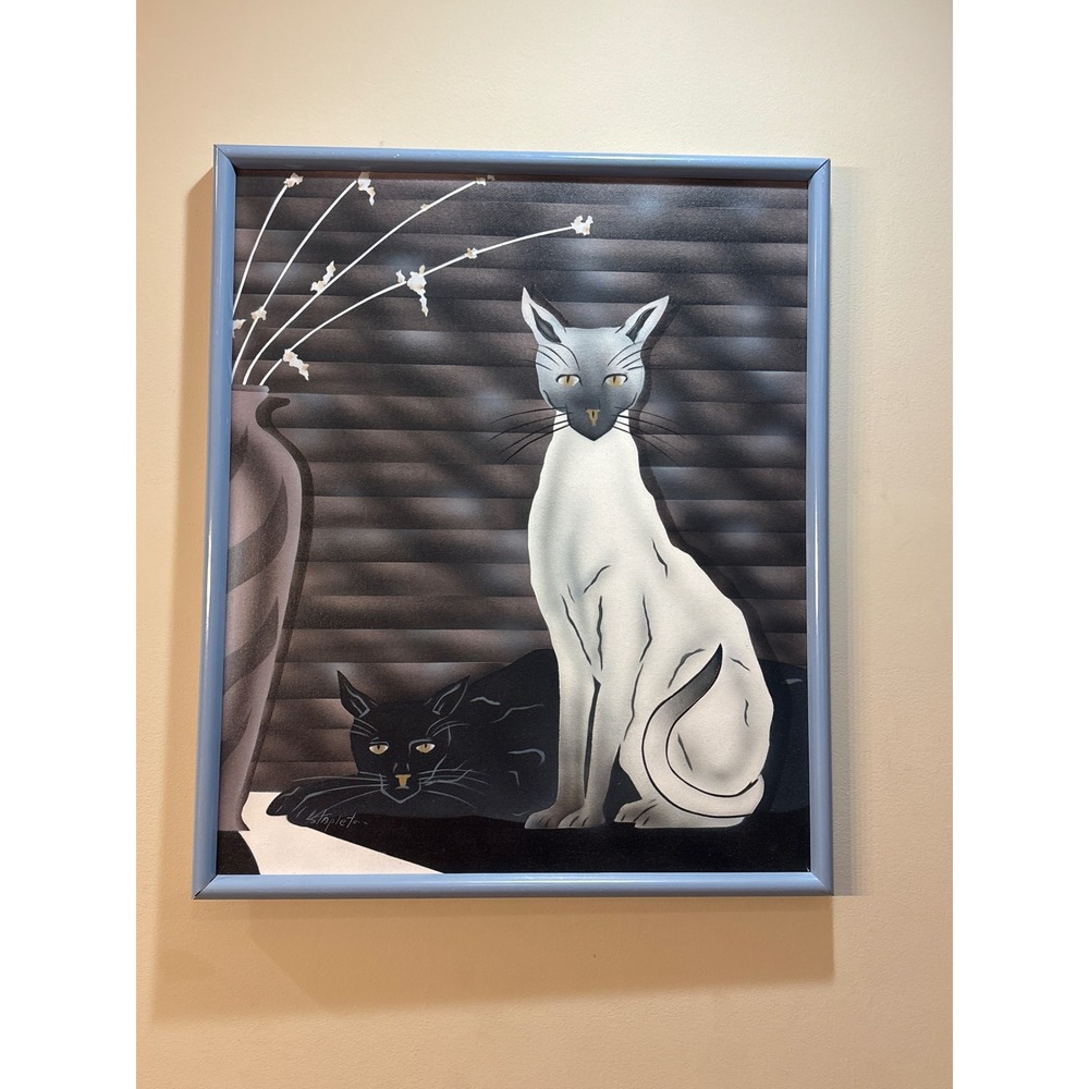 Vintage Stapleton Siamese & Black Cat Framed Art Stylized Feline 21x25